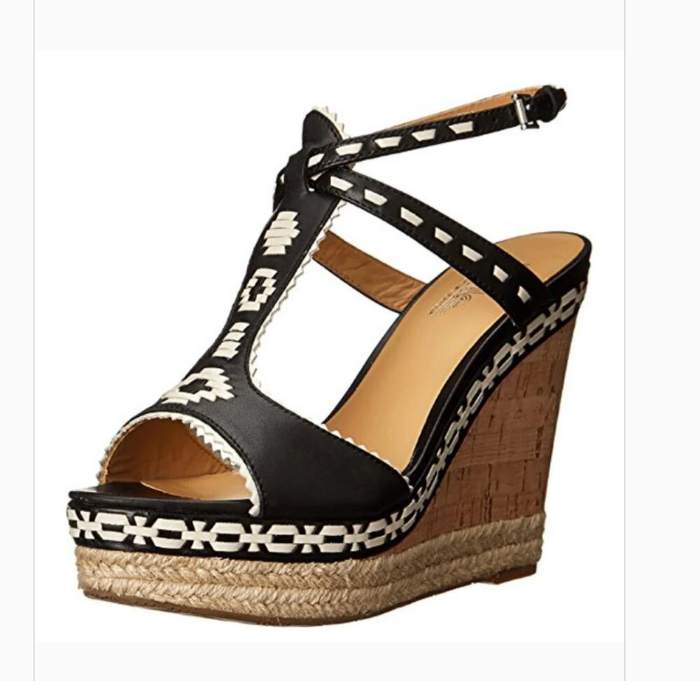 Belle by Sigerson Morrison Aivi Embroidered Leather Wedge Heel Sandals Black 8
